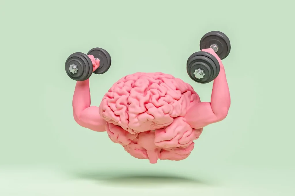 Brain model with dumbbells in hand. 