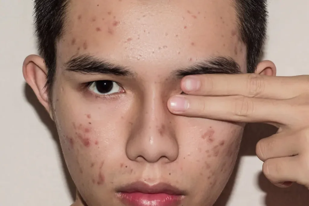 A young man having acne.